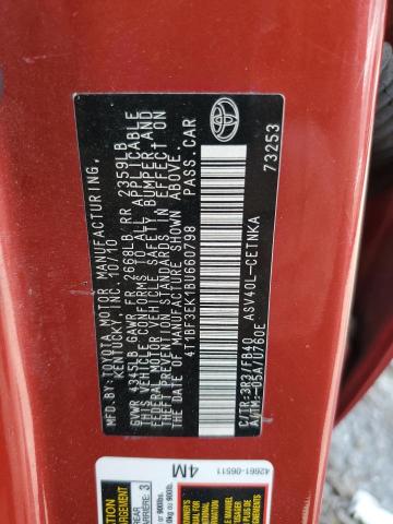 4T1BF3EK1BU660798 - 2011 TOYOTA CAMRY BASE 红色 照片 12