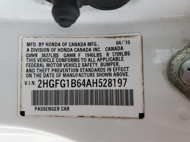 2HGFG1B64AH528197 - 2010 HONDA CIVIC LX WHITE photo 12