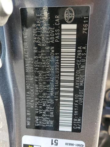 4T1L11AK3LU999481 - 2020 TOYOTA CAMRY LE Grafit foto 12