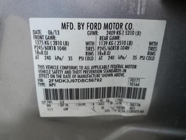 2FMDK3J97DBC56792 - 2013 FORD EDGE SEL SILVER photo 13