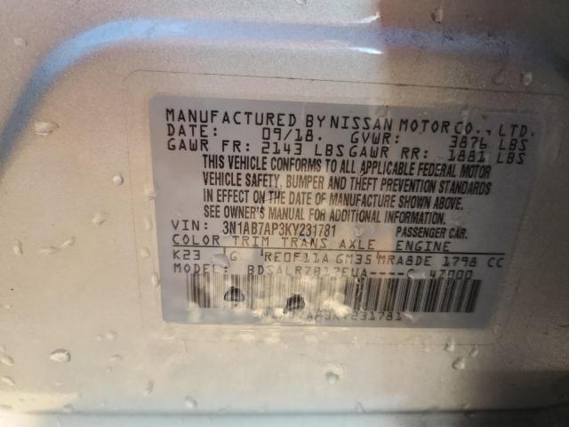 3N1AB7AP3KY231781 - 2019 NISSAN SENTRA S ვერცხლისფერი ფოტო 13