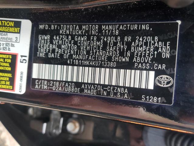 4T1B11HK4KU713380 - 2019 TOYOTA CAMRY L BLACK photo 12