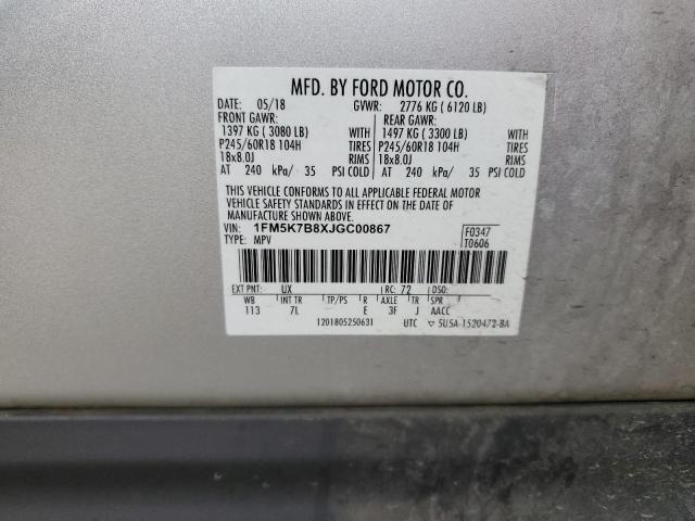 1FM5K7B8XJGC00867 - 2018 FORD EXPLORER SILVER photo 14