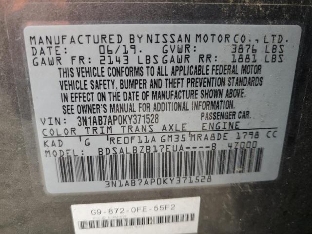 3N1AB7AP0KY371528 - 2019 NISSAN SENTRA S GRAY photo 12