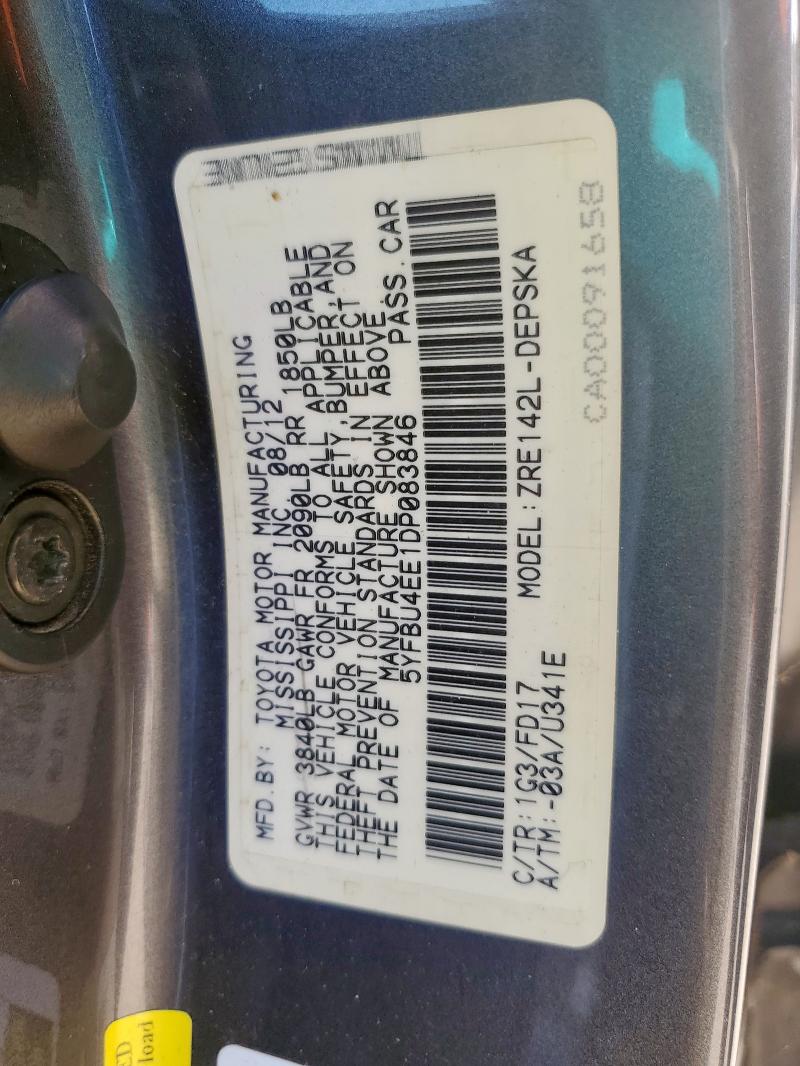 5YFBU4EE1DP083846 - 2013 TOYOTA COROLLA BASE 石墨色 照片 12