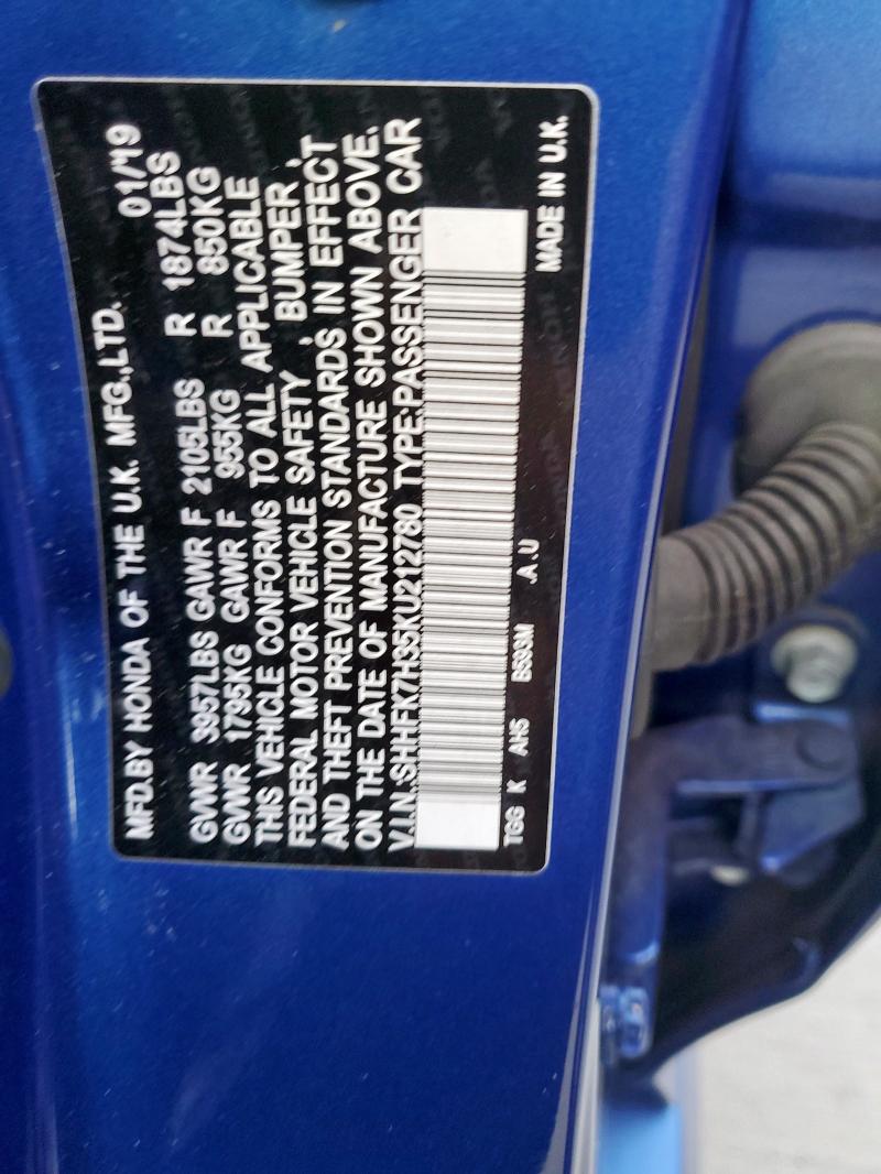 SHHFK7H35KU212780 - 2019 HONDA CIVIC LX Niebieski zdjęcie 12