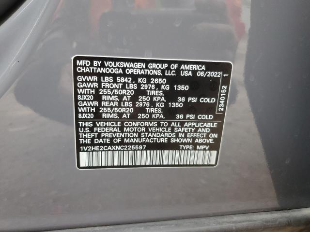 1V2HE2CAXNC225597 - 2022 VOLKSWAGEN ATLAS CROS SE GRAY photo 12