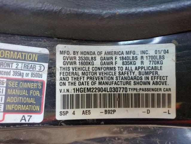 1HGEM22904L030770 - 2004 HONDA CIVIC EX BLACK photo 12