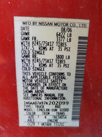 1N6AA07A97N202099 - 2007 NISSAN TITAN XE RED photo 12