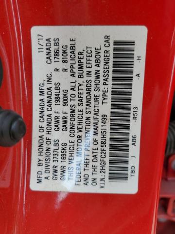 2HGFC2F58JH511499 - 2018 HONDA CIVIC LX RED photo 12