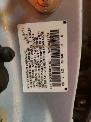 2HGFB2F87CH518671 - 2012 HONDA CIVIC EX SILVER photo 12