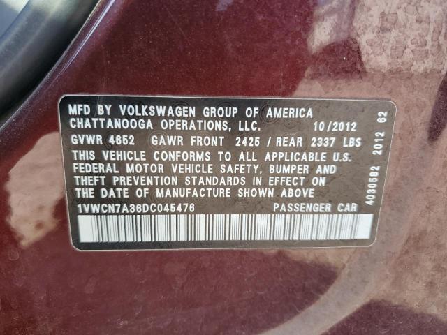 1VWCN7A36DC045476 - 2013 VOLKSWAGEN PASSAT SEL Burdeos foto 12