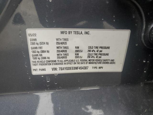7SAYGDEE8NF454387 - 2022 TESLA MODEL Y CHARCOAL photo 13