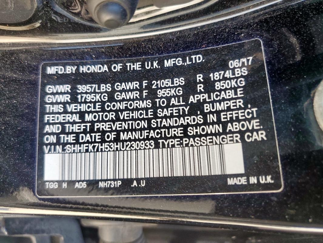 SHHFK7H53HU230933 - 2017 HONDA CIVIC EX BLACK photo 13