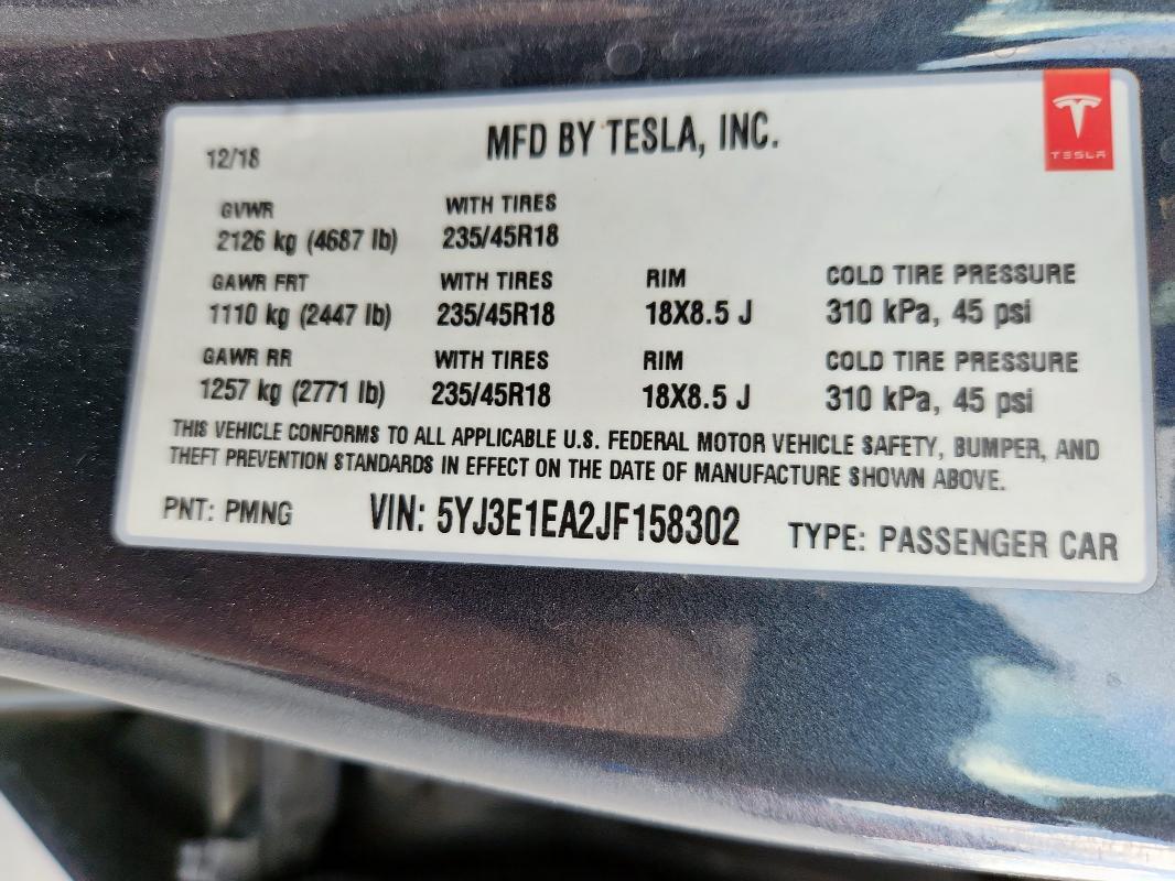 5YJ3E1EA2JF158302 - 2018 TESLA MODEL 3 GRAY photo 13