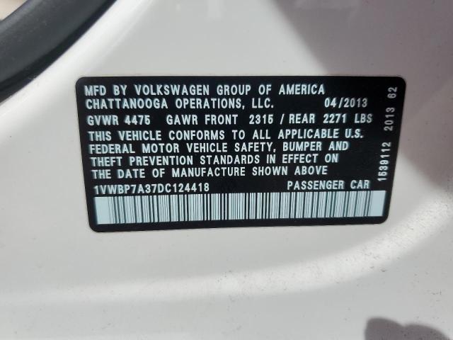 1VWBP7A37DC124418 - 2013 VOLKSWAGEN PASSAT SE WHITE photo 12