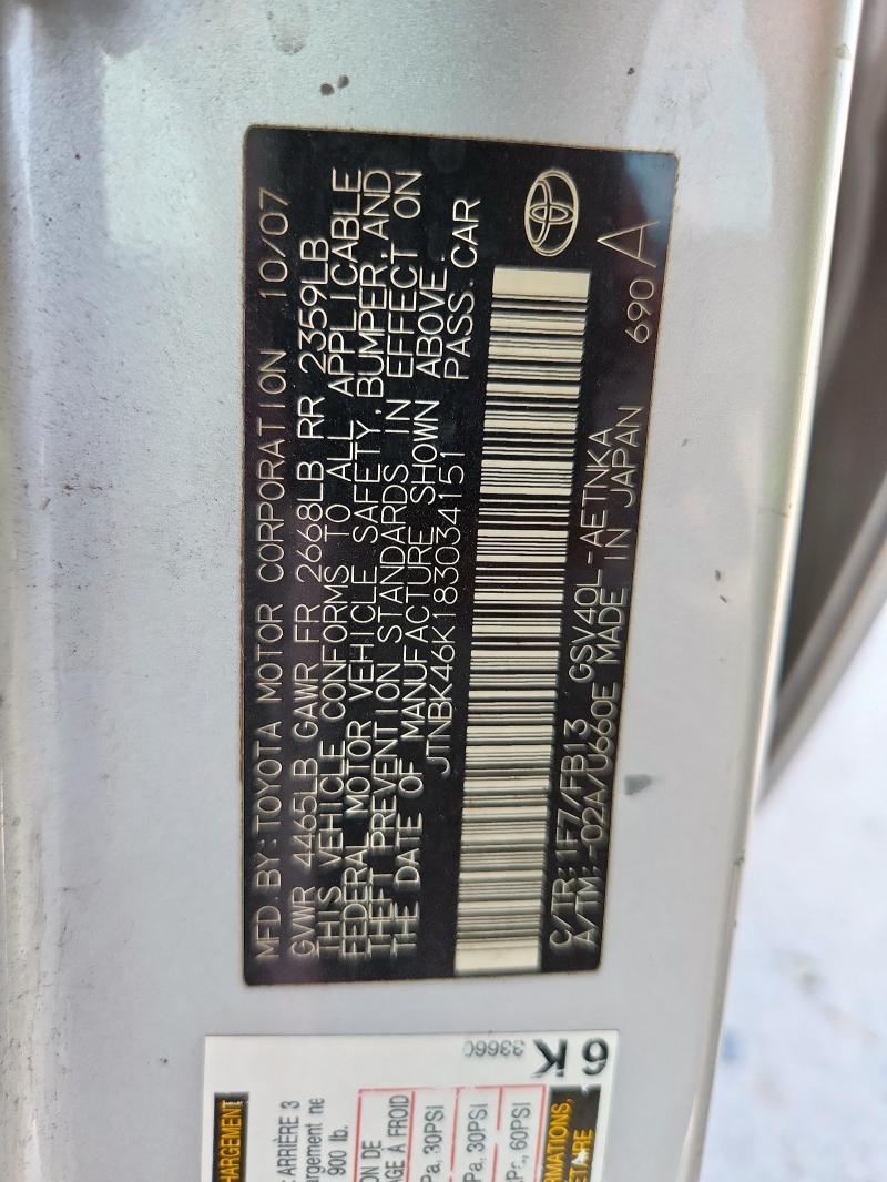 JTNBK46K183034151 - 2008 TOYOTA CAMRY LE SILVER photo 12