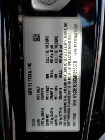 5YJ3E1EBXMF858310 - 2021 TESLA MODEL 3 BLACK photo 13
