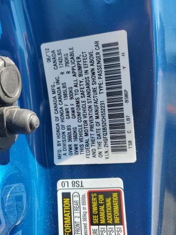 2HGFG3B52CH552231 - 2012 HONDA CIVIC LX 蓝色 照片 12