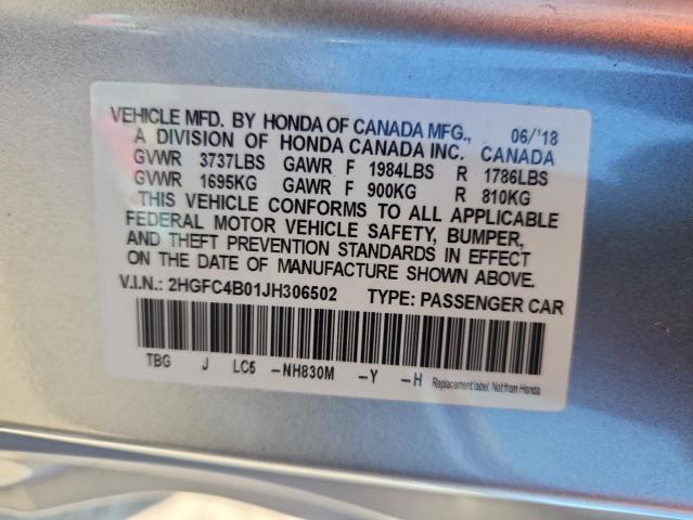 2HGFC4B01JH306502 - 2018 HONDA CIVIC LX SILVER photo 12