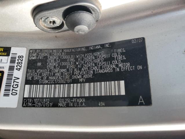 5TDBK22C17S002191 - 2007 TOYOTA SIENNA XLE SILVER photo 14