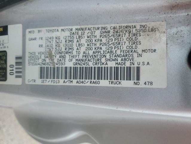 5TEUU42N68Z524593 - 2008 TOYOTA TACOMA ACCESS CAB ვერცხლისფერი ფოტო 12