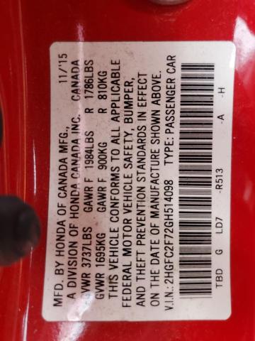 2HGFC2F72GH514098 - 2016 HONDA CIVIC EX RED photo 12
