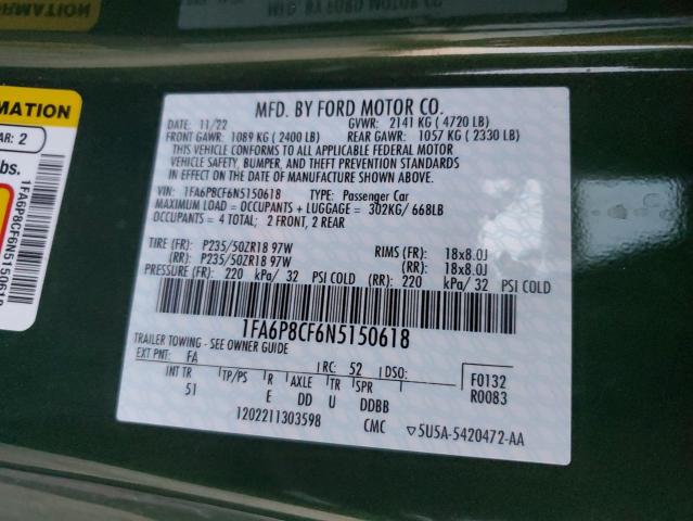 1FA6P8CF6N5150618 - 2022 FORD MUSTANG GT GREEN photo 13