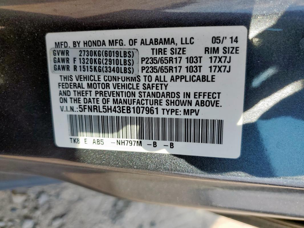 5FNRL5H43EB107961 - 2014 HONDA ODYSSEY EX GRAY photo 13