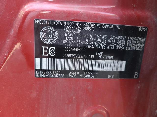 2T3BFREV6EW155140 - 2014 TOYOTA RAV4 LE RED photo 10