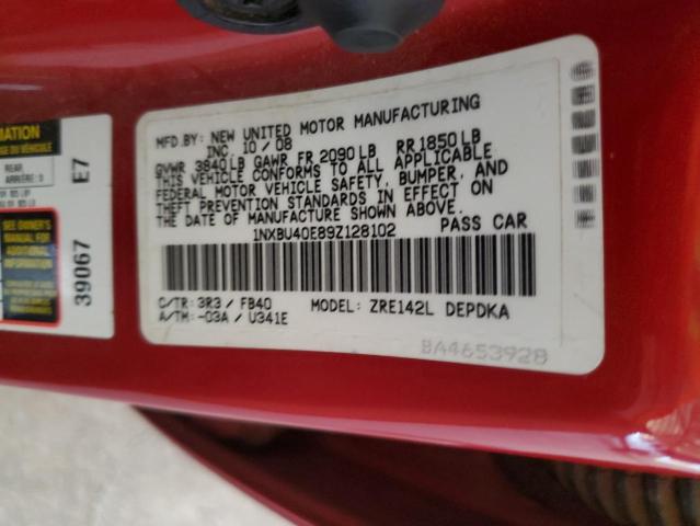 1NXBU40E89Z128102 - 2009 TOYOTA COROLLA BASE წითელი ფოტო 12