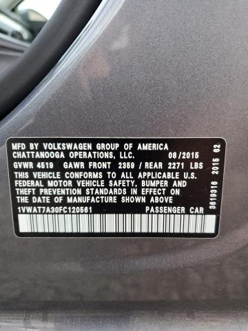 1VWAT7A30FC120561 - 2015 VOLKSWAGEN PASSAT S Сұр фото 13