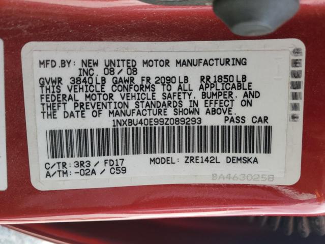 1NXBU40E99Z089293 - 2009 TOYOTA COROLLA BASE Қызыл фото 12