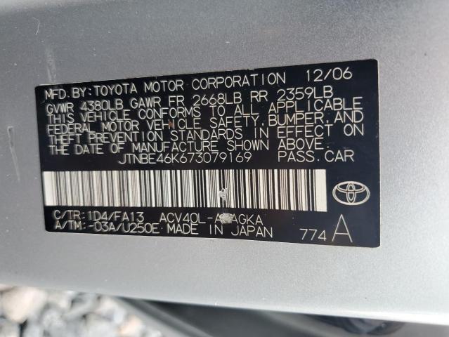 JTNBE46K673079169 - 2007 TOYOTA CAMRY CE SILVER photo 12