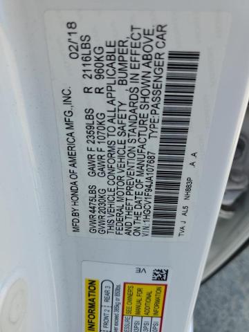 1HGCV1F94JA107687 - 2018 HONDA ACCORD TOURING 白色 照片 12