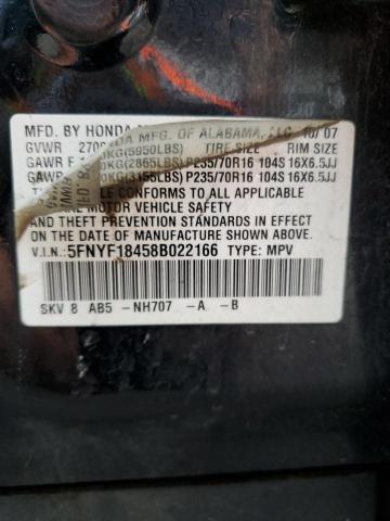 5FNYF18458B022166 - 2008 HONDA PILOT EX შავი ფოტო 13