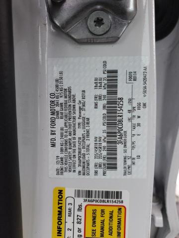 3FA6P0CD8LR154258 - 2020 FORD FUSION SEL WHITE photo 12