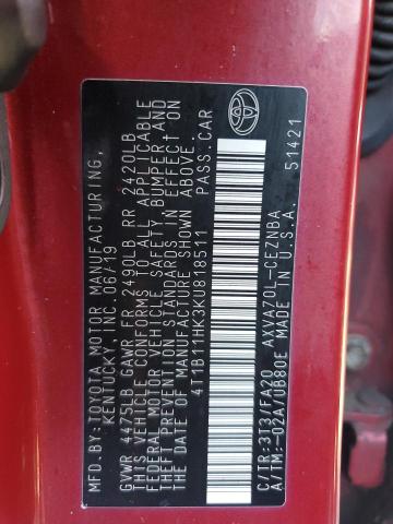 4T1B11HK3KU818511 - 2019 TOYOTA CAMRY L BURGUNDY photo 12