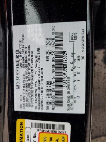 3FA6P0MU9KR125929 - 2019 FORD FUSION SEL BLACK photo 13