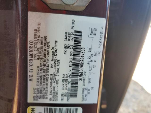 3LN6L5C90HR649538 - 2017 LINCOLN MKZ SELECT Bordeaux Foto 12