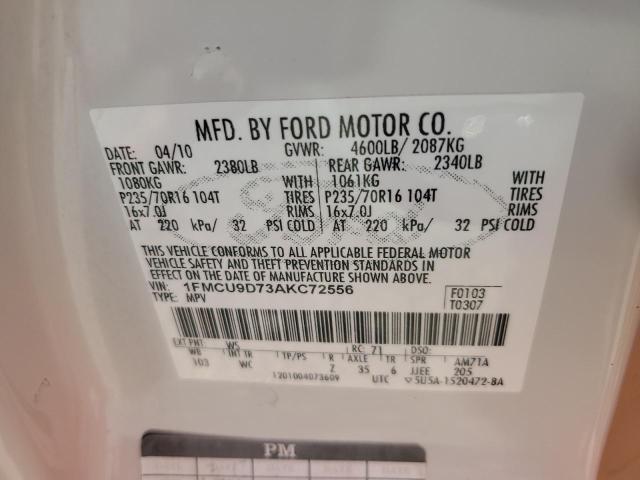 1FMCU9D73AKC72556 - 2010 FORD ESCAPE XLT Белый фото 13