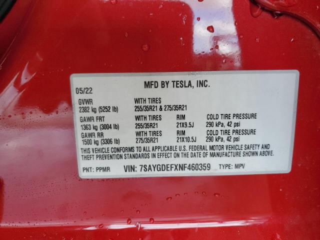 7SAYGDEFXNF460359 - 2022 TESLA MODEL Y 红色 照片 13