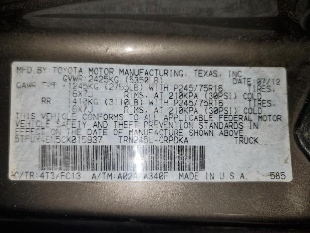 5TFUX4EN5CX015937 - 2012 TOYOTA TACOMA ACCESS CAB გრაფიტი ფოტო 13