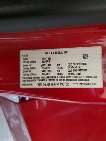 5YJ3E1EA7NF190152 - 2022 TESLA MODEL 3 RED photo 12
