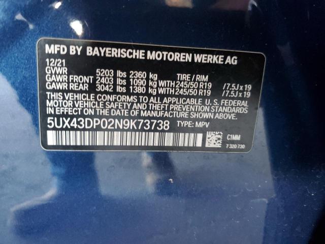 5UX43DP02N9K73738 - 2022 BMW X3 SDRIVE30I BLUE photo 13