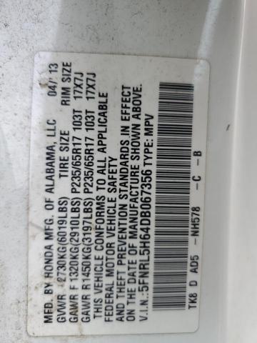 5FNRL5H64DB067356 - 2013 HONDA ODYSSEY EXL 白色 照片 13