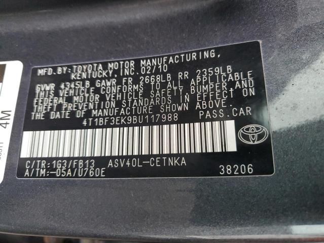 4T1BF3EK9BU117988 - 2011 TOYOTA CAMRY BASE GRAY photo 12