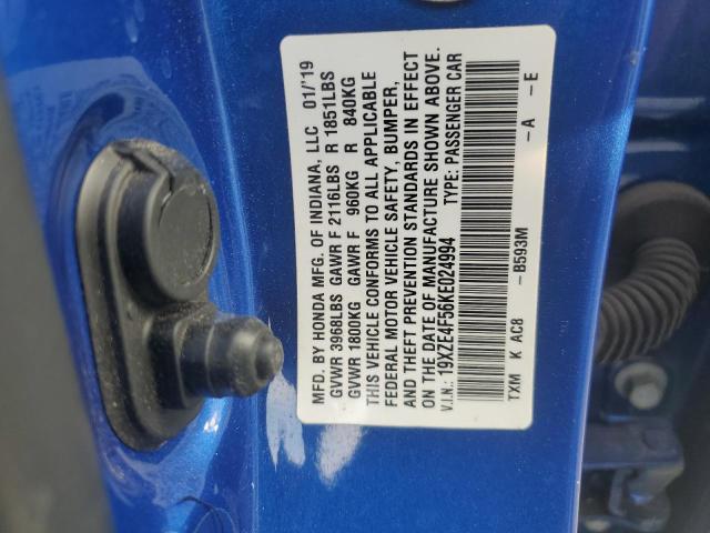 19XZE4F56KE024994 - 2019 HONDA INSIGHT EX BLUE photo 12