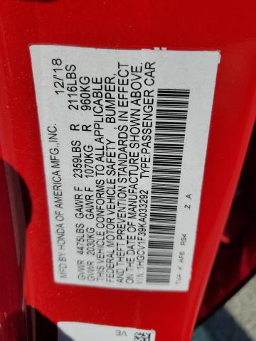 1HGCV1F39KA033292 - 2019 HONDA ACCORD SPORT წითელი ფოტო 12