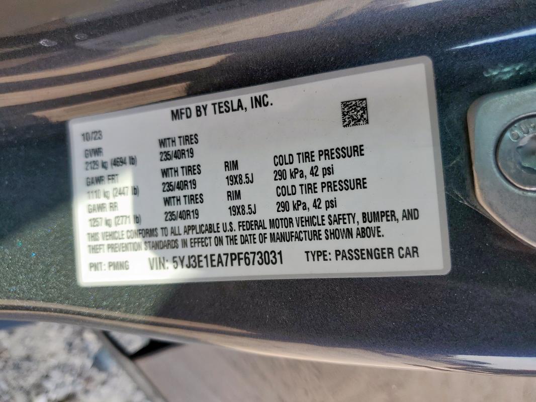 5YJ3E1EA7PF673031 - 2023 TESLA MODEL 3 CHARCOAL photo 13